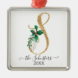 金ゴールドモノグラムSグリッタークリスマスホリーリーフ メタルオーナメント