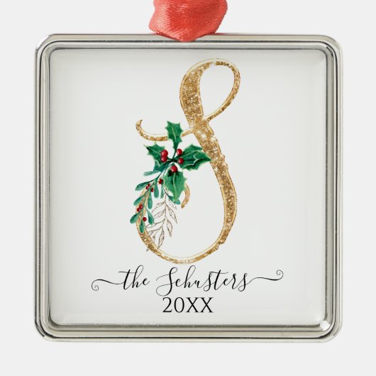 金ゴールドモノグラムSグリッタークリスマスホリーリーフ メタルオーナメント (正面)