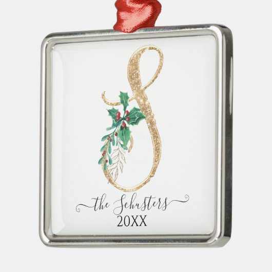 金ゴールドモノグラムSグリッタークリスマスホリーリーフ メタルオーナメント (左)