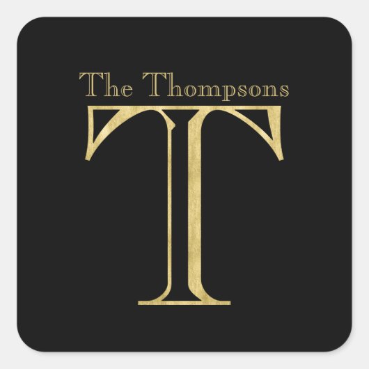 金ゴールドモノグラムTおよび任意の色の名前 スクエアシール (正面)