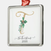 金ゴールドモノグラムTグリッタークリスマスホリーリーフ メタルオーナメント (左)