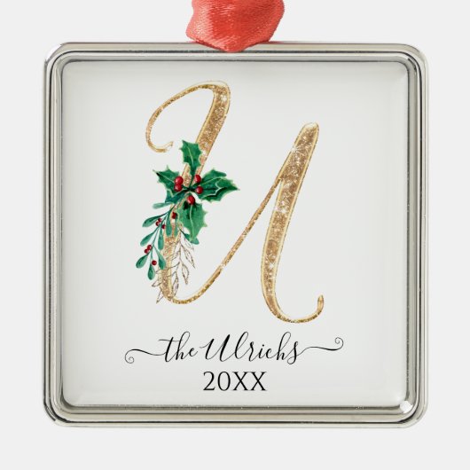 金ゴールドモノグラムUグリッタークリスマスホリーリーフ メタルオーナメント (正面)