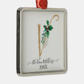 金ゴールドモノグラムVグリッタークリスマスホリーリーフ メタルオーナメント (右)