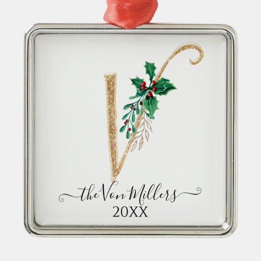 金ゴールドモノグラムVグリッタークリスマスホリーリーフ メタルオーナメント (正面)
