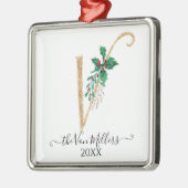 金ゴールドモノグラムVグリッタークリスマスホリーリーフ メタルオーナメント (左)