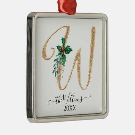 金ゴールドモノグラムWグリッタークリスマスホリーリーフ メタルオーナメント (右)