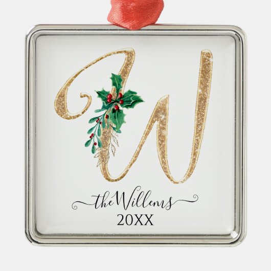 金ゴールドモノグラムWグリッタークリスマスホリーリーフ メタルオーナメント (正面)