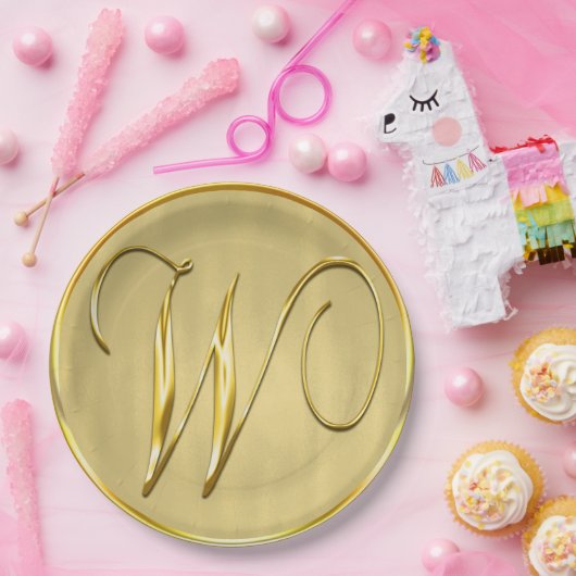 金ゴールドモノグラムW結婚ズカスタムモノグラム結婚式 ペーパープレート (パーティー)