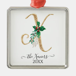金ゴールドモノグラムXグリッタークリスマスホリーリーフ メタルオーナメント