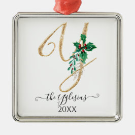 金ゴールドモノグラムYグリッタークリスマスホリーリーフ メタルオーナメント