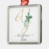 金ゴールドモノグラムYグリッタークリスマスホリーリーフ メタルオーナメント (左)