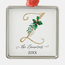 金ゴールドモノグラムZグリッタークリスマスホリーリーフ メタルオーナメント