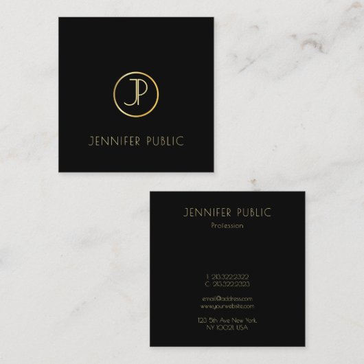 金ゴールドモノグラモダンムエレガントブラックテンプレートシック スクエア名刺 (正面/裏面)