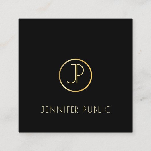 金ゴールドモノグラモダンムエレガントブラックテンプレートシック スクエア名刺 (正面)