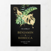 金ゴールドモンステラ熱帯パームブラックQRコー結婚ド 三つ折り招待状 (カバー)