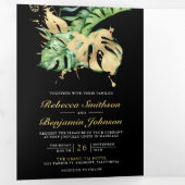 金ゴールドモンステラ熱帯パームブラックQRコー結婚ド 三つ折り招待状 (内部最初)