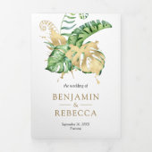 金ゴールドモンステラ熱帯パームQRコー結婚ド 三つ折り招待状 (カバー)