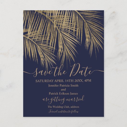 金ゴールドヤシの木の葉の熱帯海軍の日付を保存 案内ポストカード (正面)