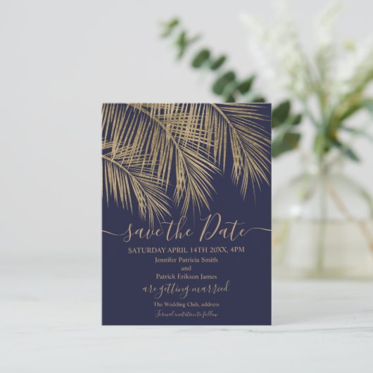 金ゴールドヤシの木の葉の熱帯海軍の日付を保存 案内ポストカード (スタンド正面)