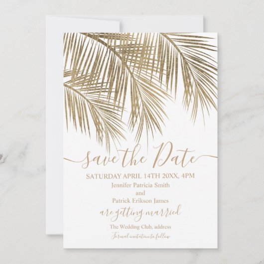 金ゴールドヤシの木の葉の熱帯白の日付を保存 セーブザデート (正面)