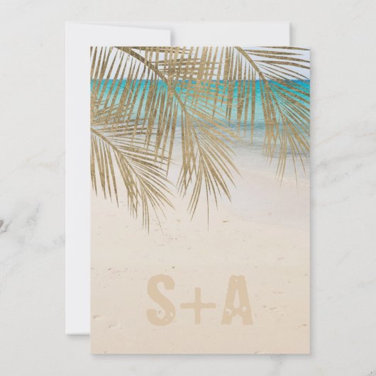 金ゴールドヤシの葉のビーチ写真の宛先の結婚式 招待状 (裏面)