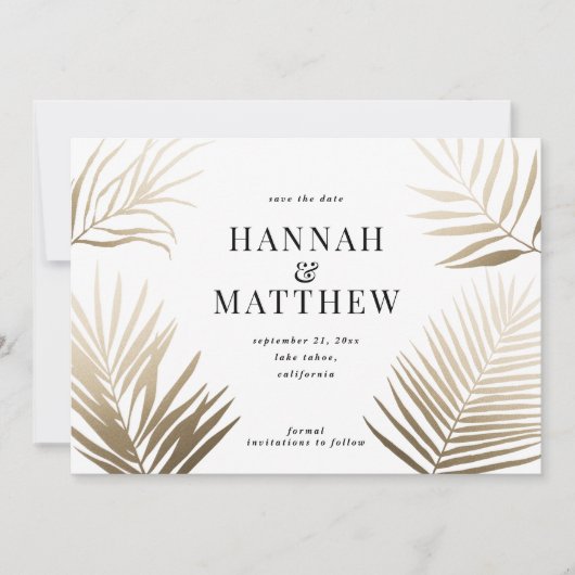金ゴールドヤシの葉は日付を保存結婚する セーブザデート (正面)