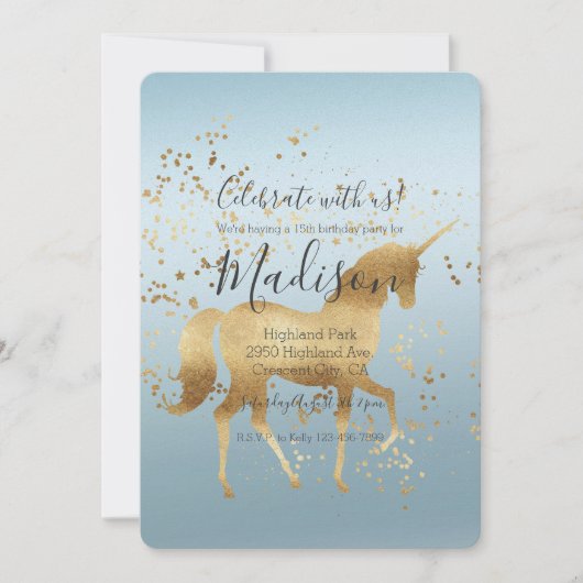 金ゴールドユニコーンアクアバグラデーションースデー 招待状 (正面)