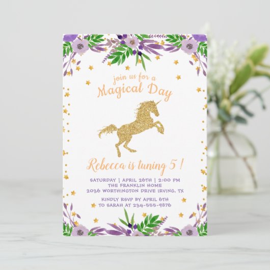 金ゴールドユニコーンウォーターカラーフローラ誕生日パーティー 招待状 (スタンド正面)