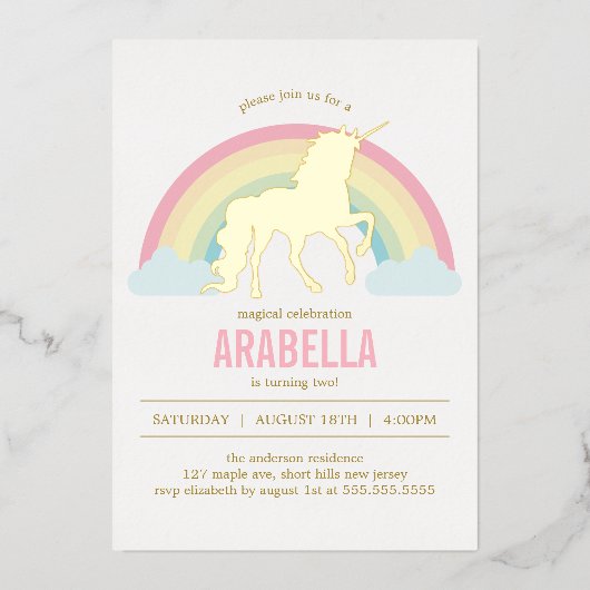 金ゴールドユニコーンガールズバースデーパーティー招待状 箔招待状 (正面)