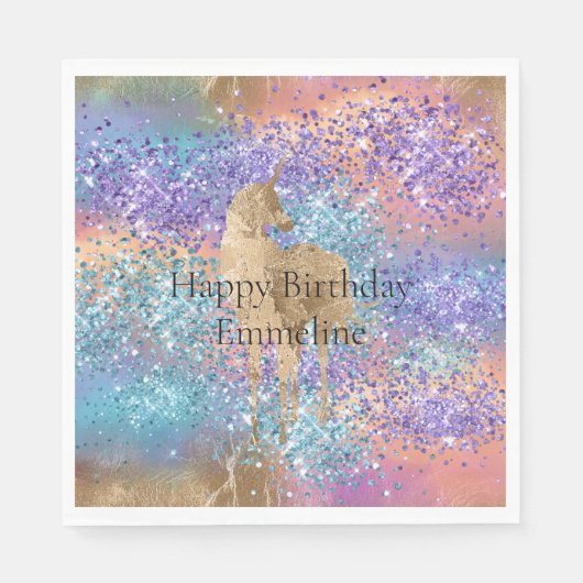 金ゴールドユニコーンスパープルアクアピンクグリッター名 スタンダードランチョンナプキン (正面)