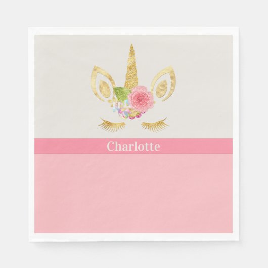 金ゴールドユニコーンピーチトリムパーソナライズされた紙 スタンダードランチョンナプキン (正面)