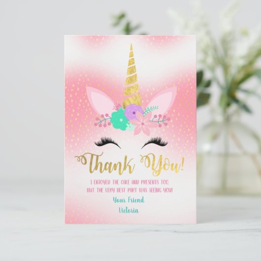 金ゴールドユニコーンフローラありがとうノートカード サンキューカード (スタンド正面)