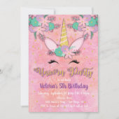 金ゴールドユニコーンフローラ誕生日パーティーへの招待 招待状 (正面)