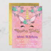 金ゴールドユニコーンフローラ誕生日パーティーへの招待 招待状 (正面/裏面)