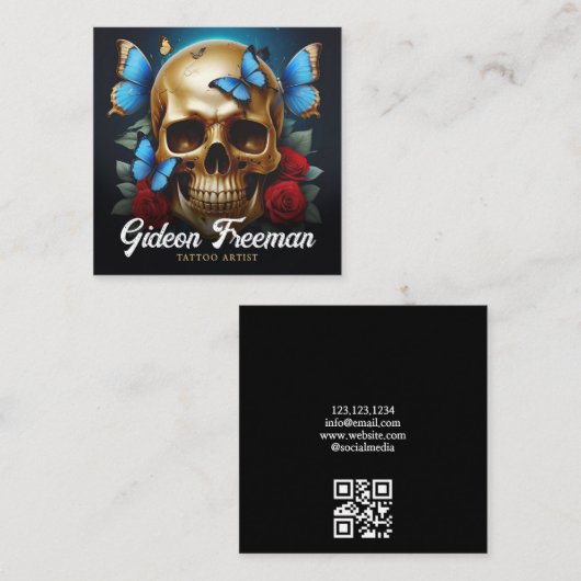 金ゴールドユニークスカルバタフライタトゥーアーティスト スクエア名刺 (正面/裏面)