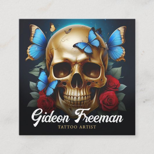 金ゴールドユニークスカルバタフライタトゥーアーティスト スクエア名刺 (正面)