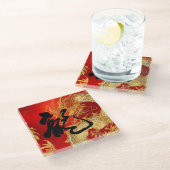 金ゴールドユニークレッド・ドラゴン新中国の年 ガラスコースター (アングル)