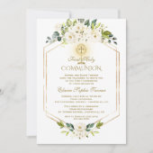 金ゴールドユニーク白い花の最初の聖餐式 招待状 (正面)