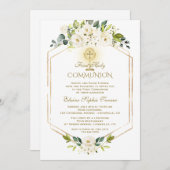 金ゴールドユニーク白い花の最初の聖餐式 招待状 (正面/裏面)