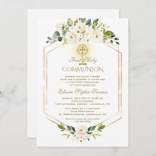 金ゴールドユニーク白い花の最初の聖餐式 招待状 (正面/裏面)