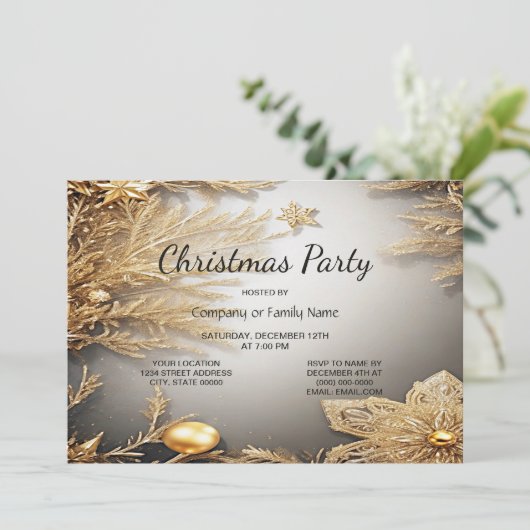 金ゴールドユニーク装飾クリスマスパーティの招待状 招待状 (スタンド正面)