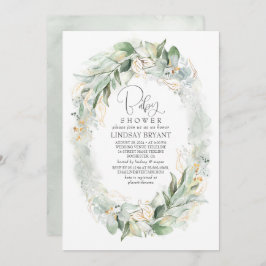 金ゴールドユーカリプスグリーンリースボホベイビーシャワー 招待状