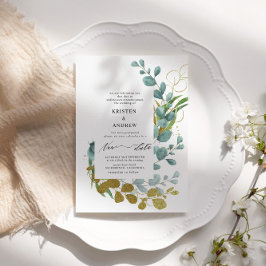 金ゴールドユーカリプスグリーンリー新結婚日付 招待状