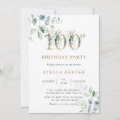 金ゴールドユーカリプタスボタニカル100thバースデーパーティー 招待状 (正面)
