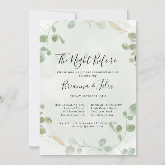 金ゴールドユーカリプトゥスナイトリハーサルディナー前 招待状 (正面)