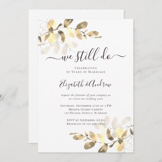 金ゴールドユーカリ書道ゴールデン結婚ズ 招待状 (正面/裏面)