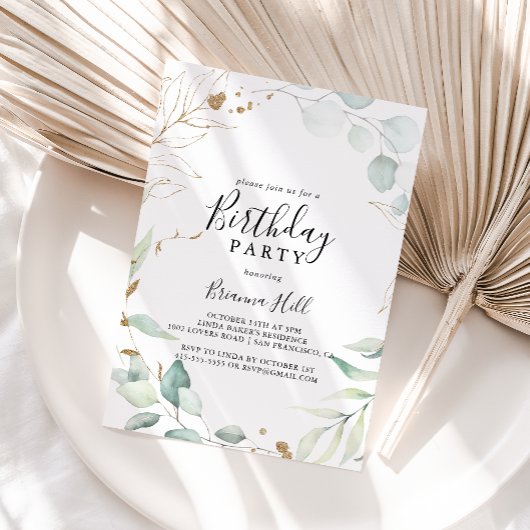 金ゴールドユーカリ書道誕生日パーティー 招待状