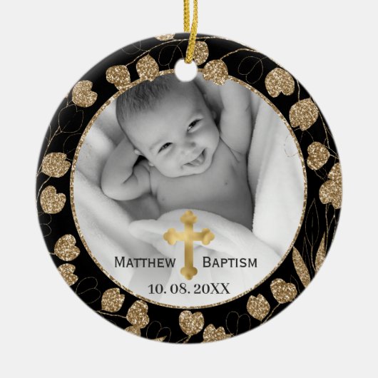 金ゴールドユーカリ枝葉ベビーバプティスフォト セラミックオーナメント (正面)
