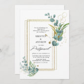 金ゴールドユーカリ結婚グリーン 招待状 (正面/裏面)