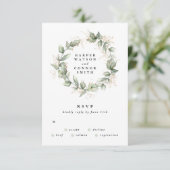 金ゴールドユーカリ結婚プスリース青苔サージ 出欠カード (スタンド正面)